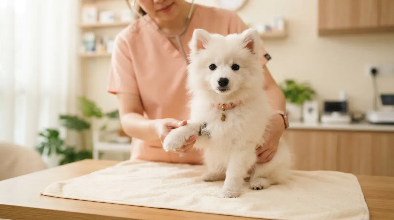 Japanese Spitz puppy at a veterinary health check before going home