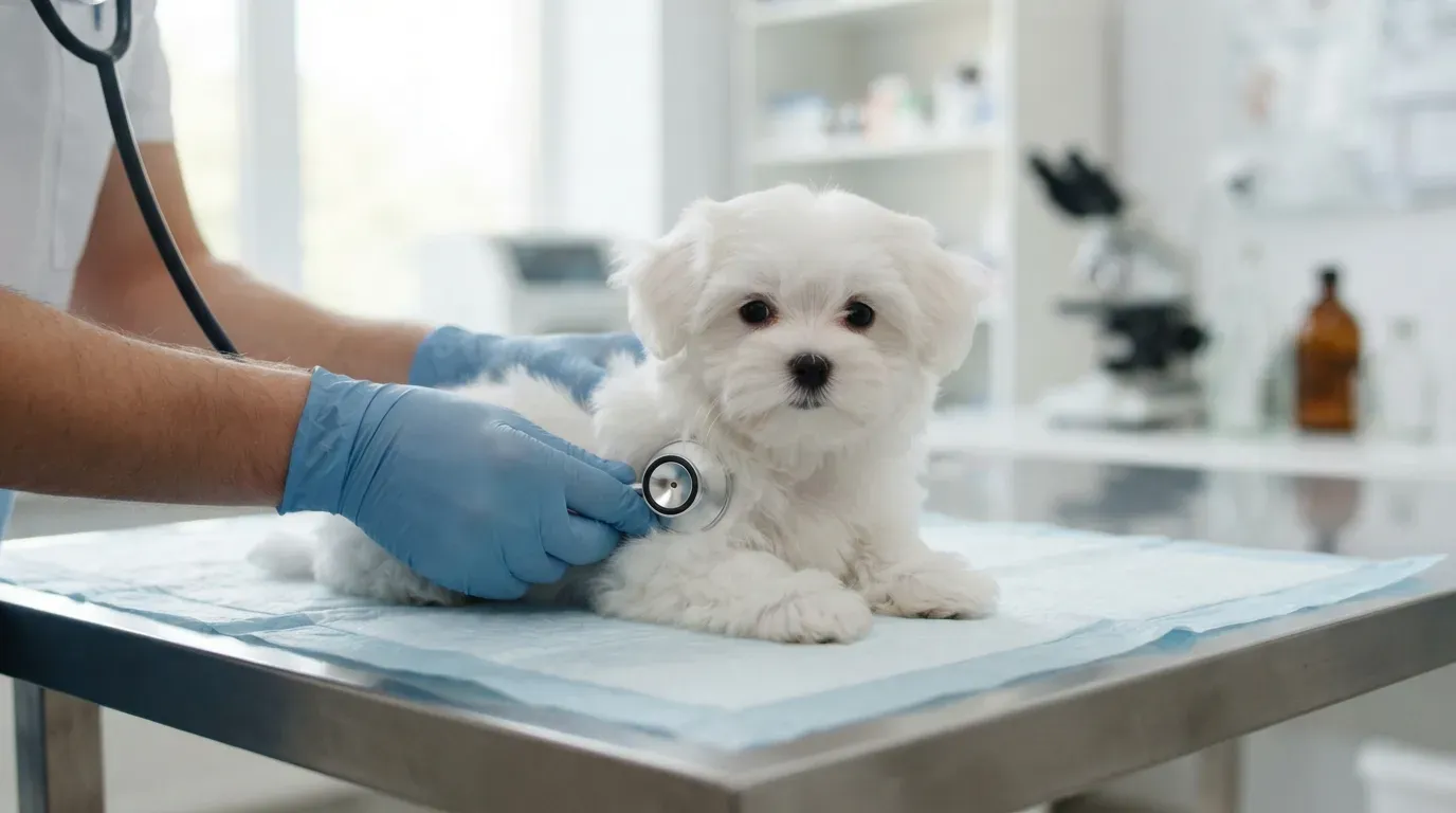 Maltese puppy at a veterinary health check before going home