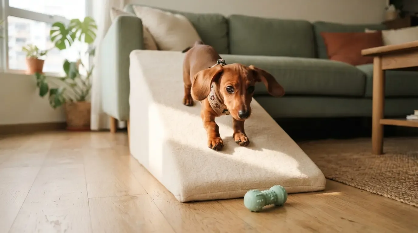 Mini Dachshund back care at home: puppy using a low fabric ramp beside the sofa instead of jumping