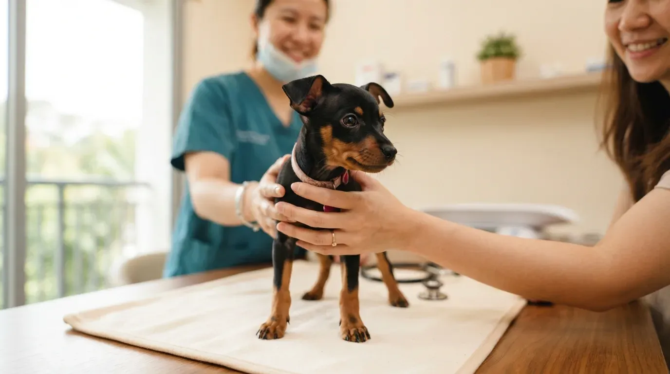 Miniature Pinscher puppy at a veterinary health check before going home
