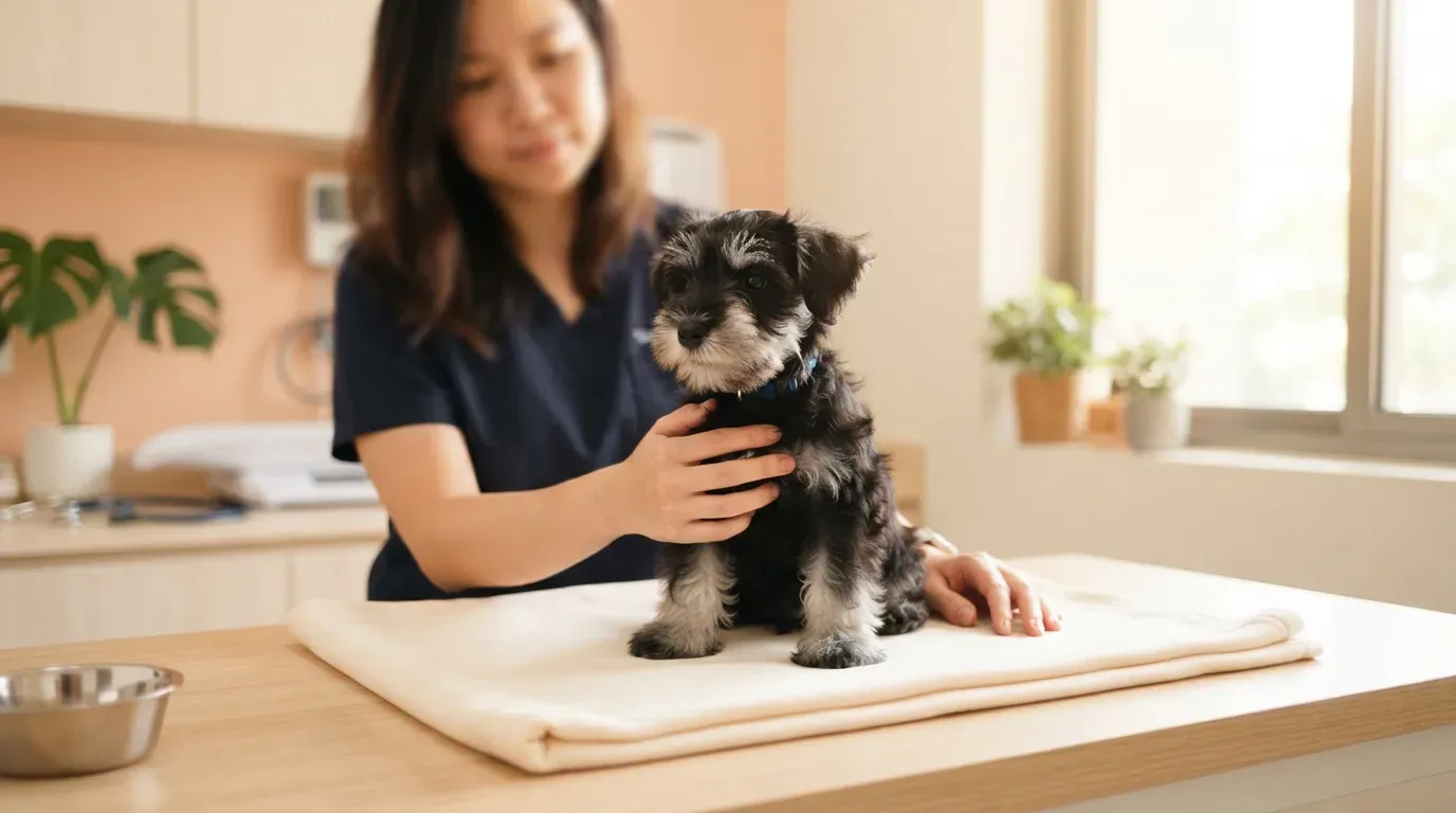 Miniature Schnauzer puppy at a veterinary health check before going home