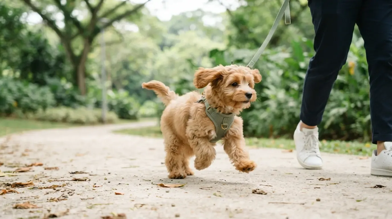 Outdoor gear from the puppy starter kit: apricot Cavapoo in a small harness on a shaded morning walk in Singapore