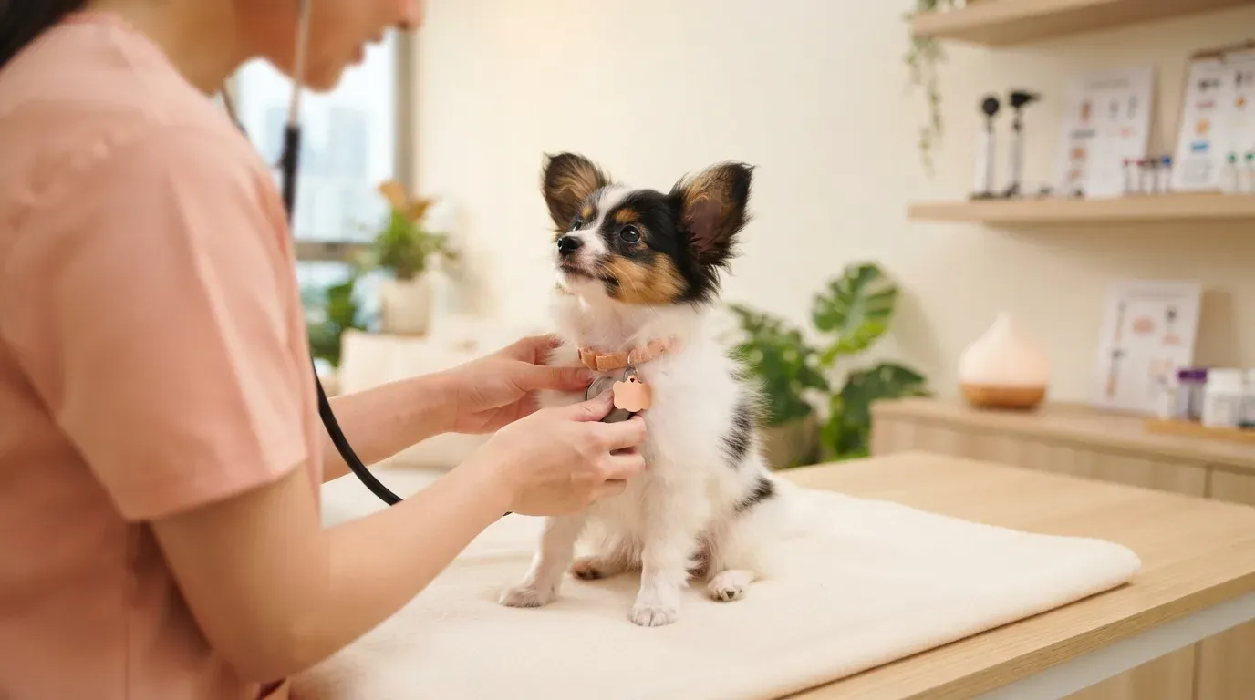 Papillon puppy at a veterinary health check before going home