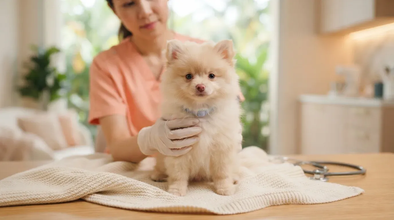 Pomeranian puppy at a veterinary health check before going home