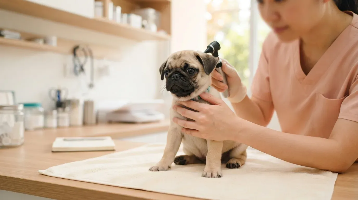 Pug puppy at a veterinary health check before going home