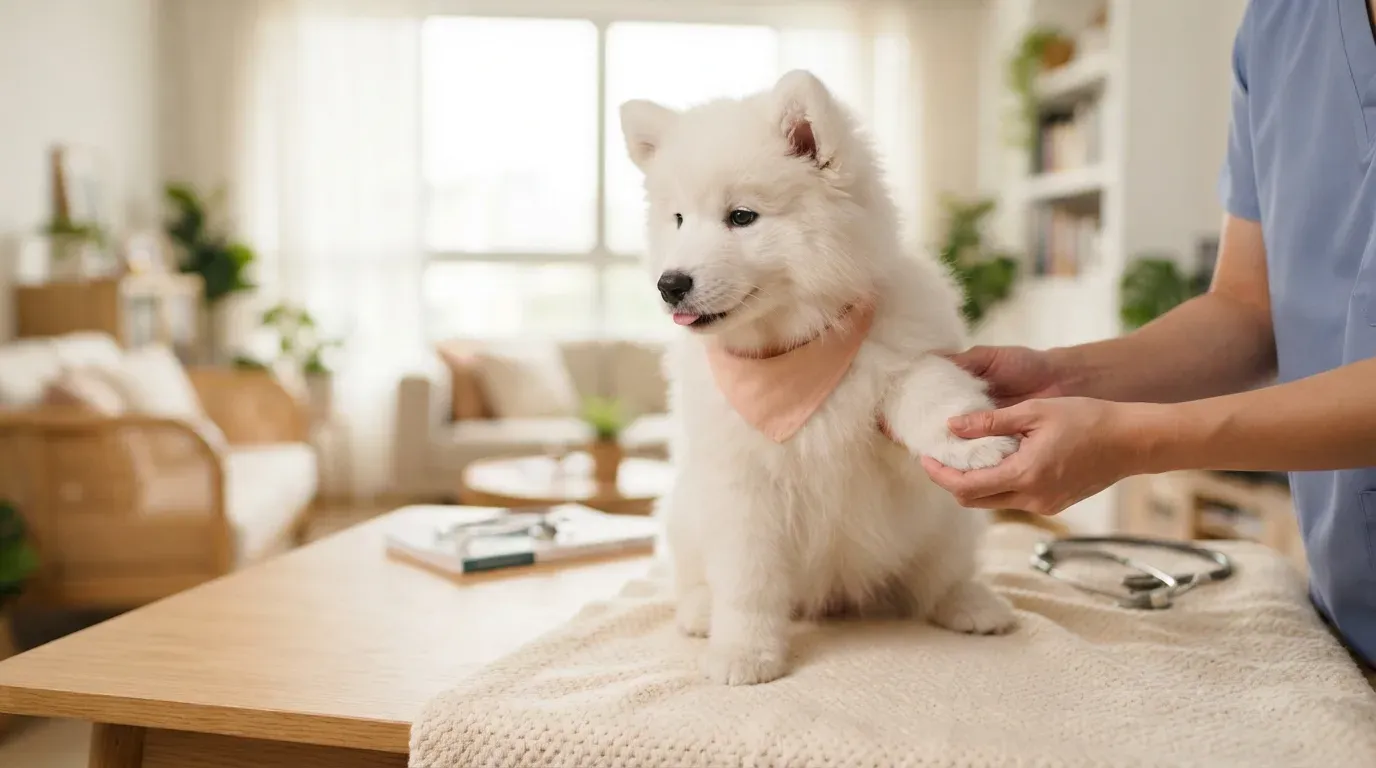 Samoyed puppy at a veterinary health check before going home