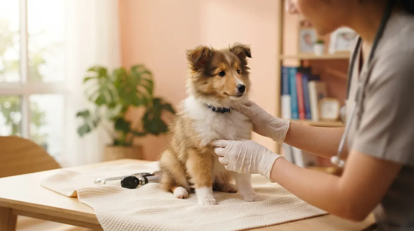 Sheltie puppy at a veterinary health check before going home