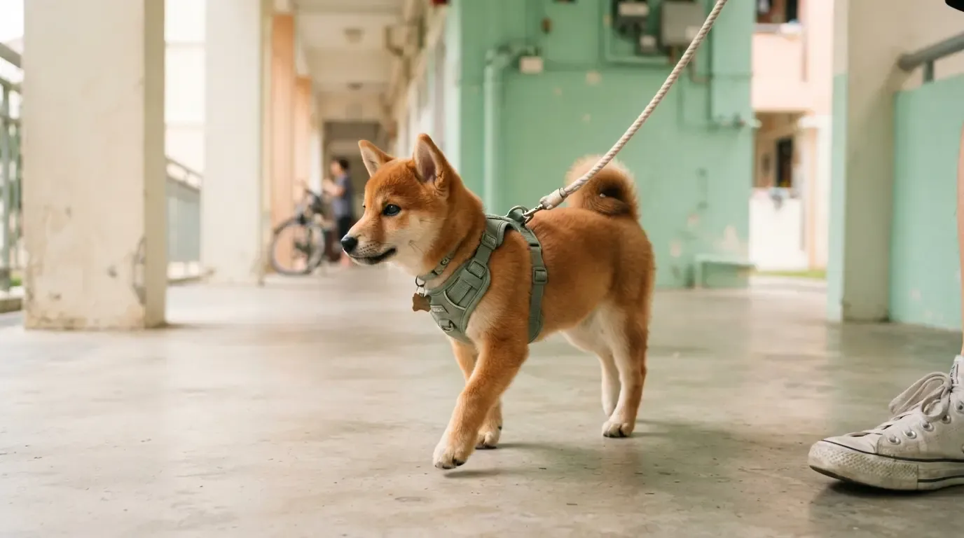 Shiba Inu on a secure harness walk at a Singapore void deck, leash held close