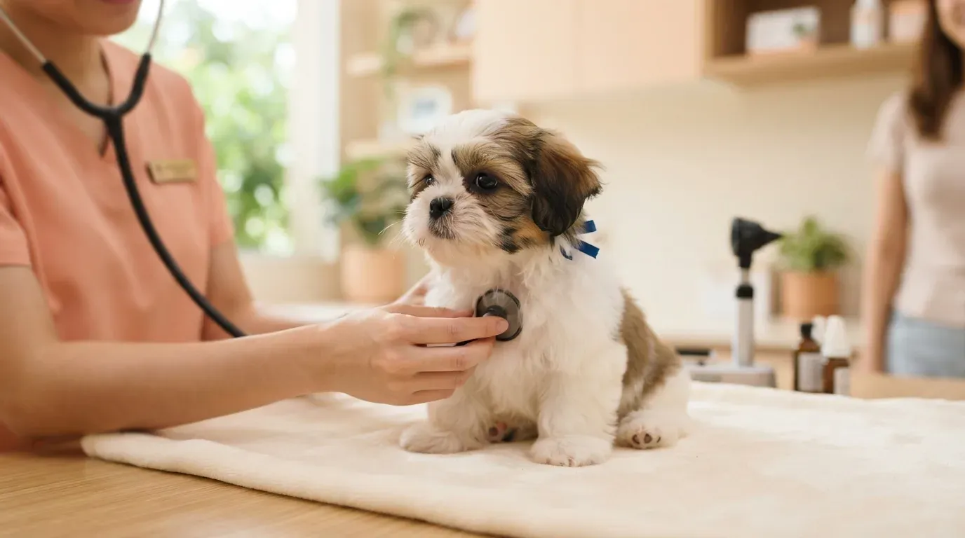 Shih Tzu puppy at a veterinary health check before going home