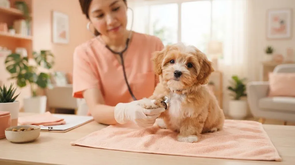 Shihpoo puppy at a veterinary health check before going home