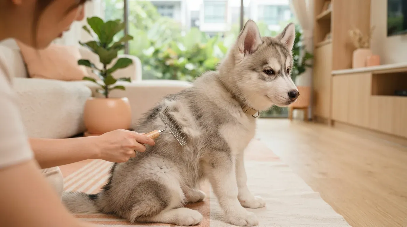 Siberian Husky having its double coat brushed with an undercoat rake