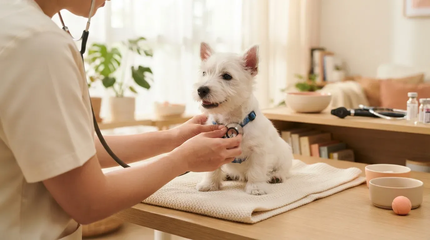 Westie puppy at a veterinary health check before going home