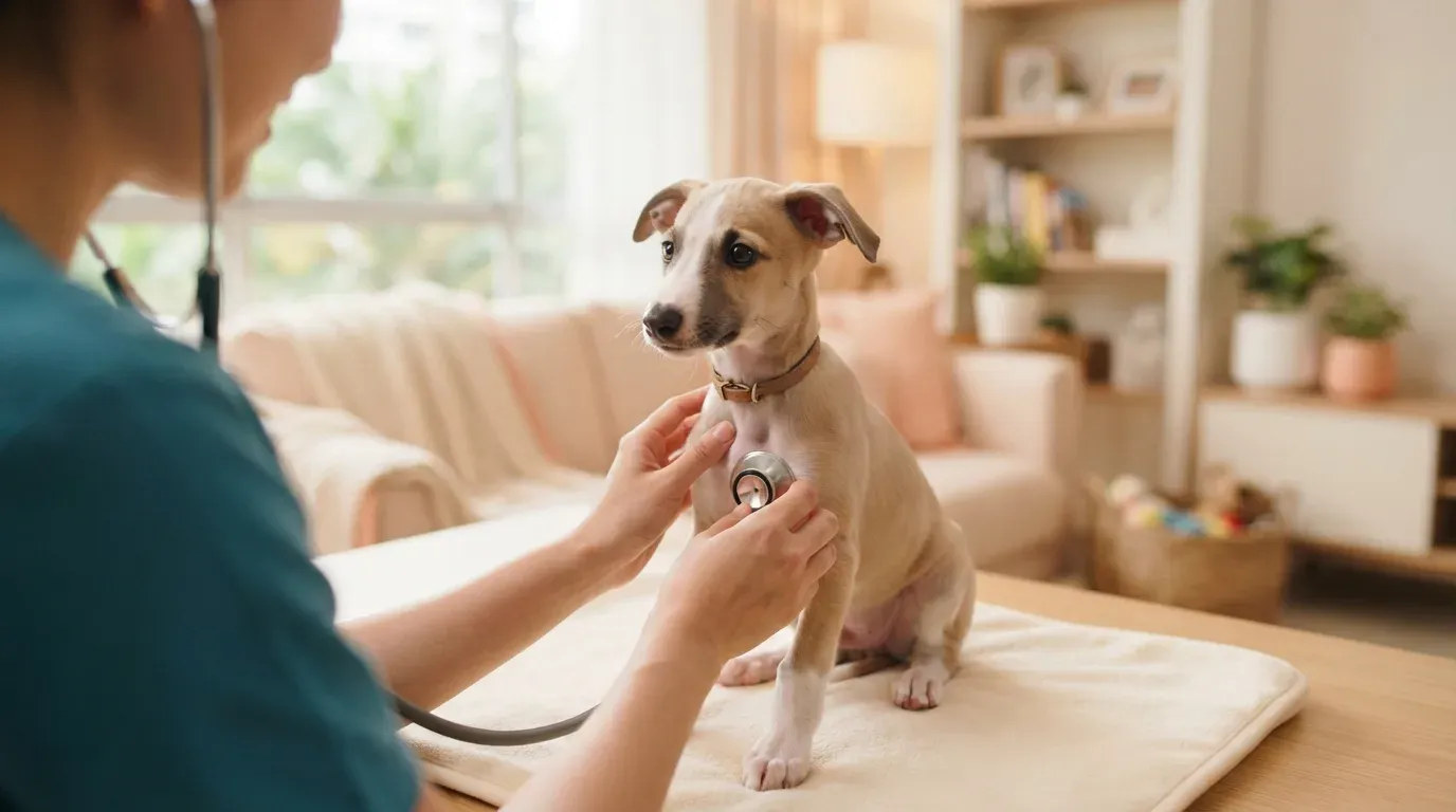 Whippet puppy at a veterinary health check before going home