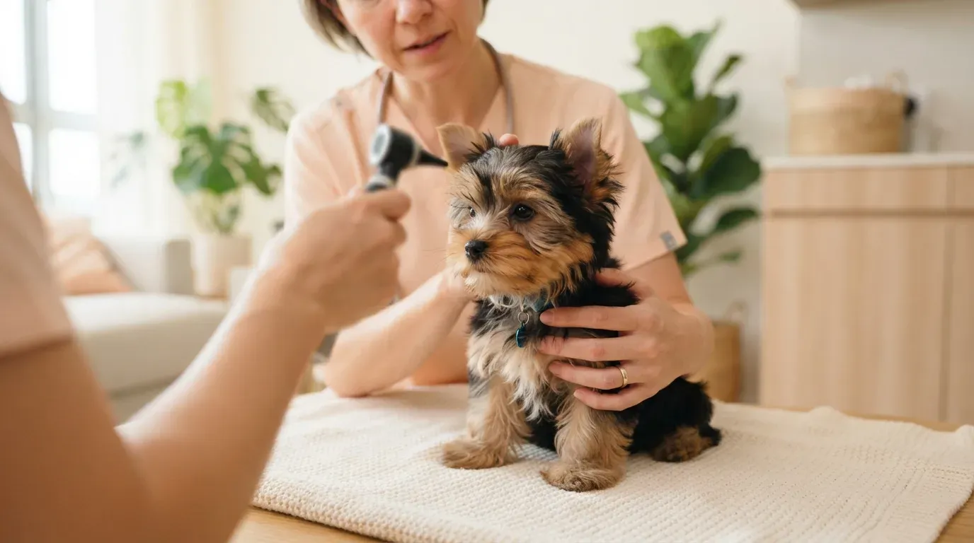 Yorkshire Terrier puppy at a veterinary health check before going home
