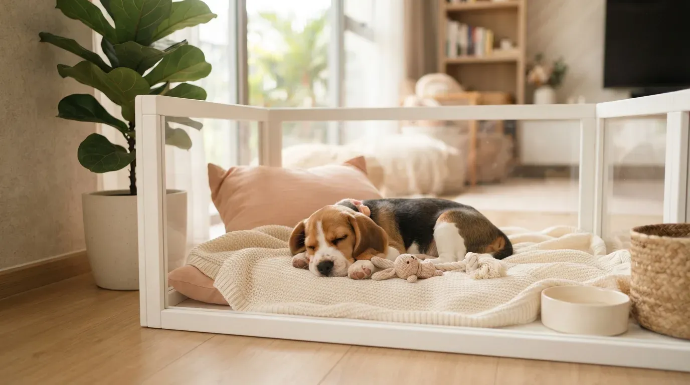 Beagle puppy settling into a set-up playpen during its first week home