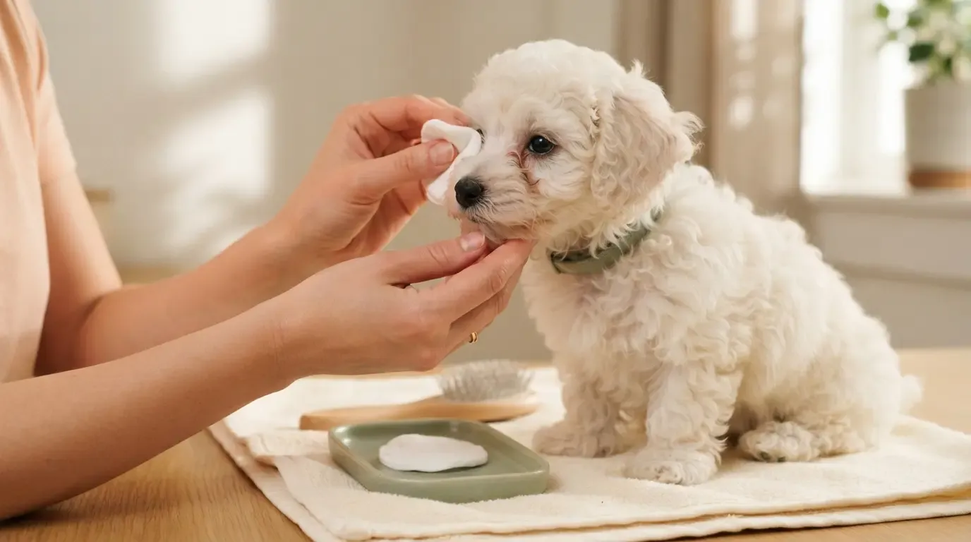 Bichonpoo tear-stain care: gentle daily face wipe for a white curly puppy at home