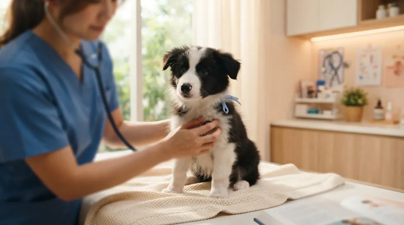 Border Collie puppy at a veterinary health check before going home