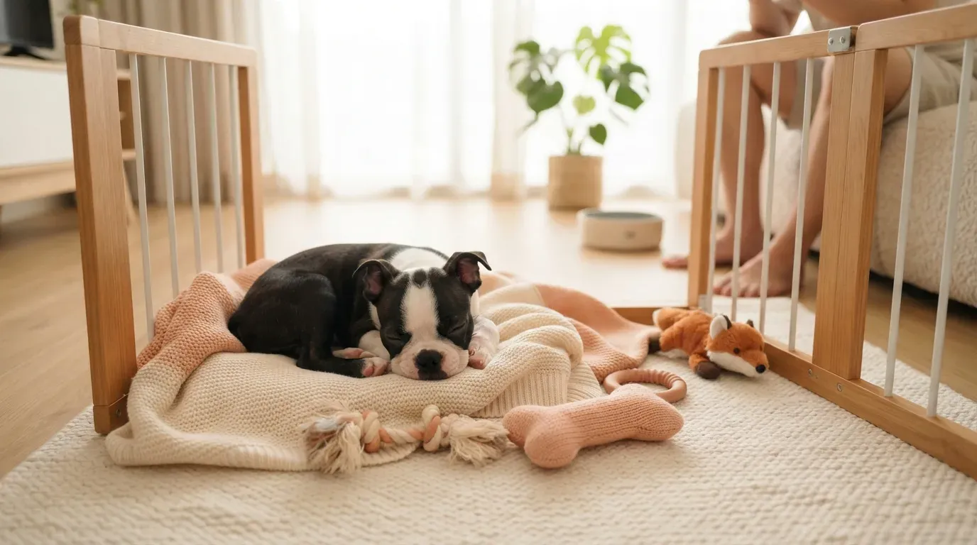 Boston Terrier puppy settling into a set-up playpen during its first week home