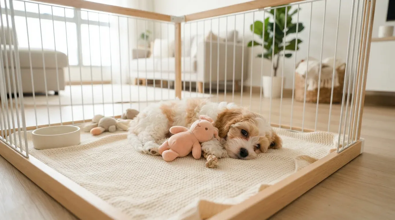 Cavachon puppy settling into a set-up playpen during its first week home