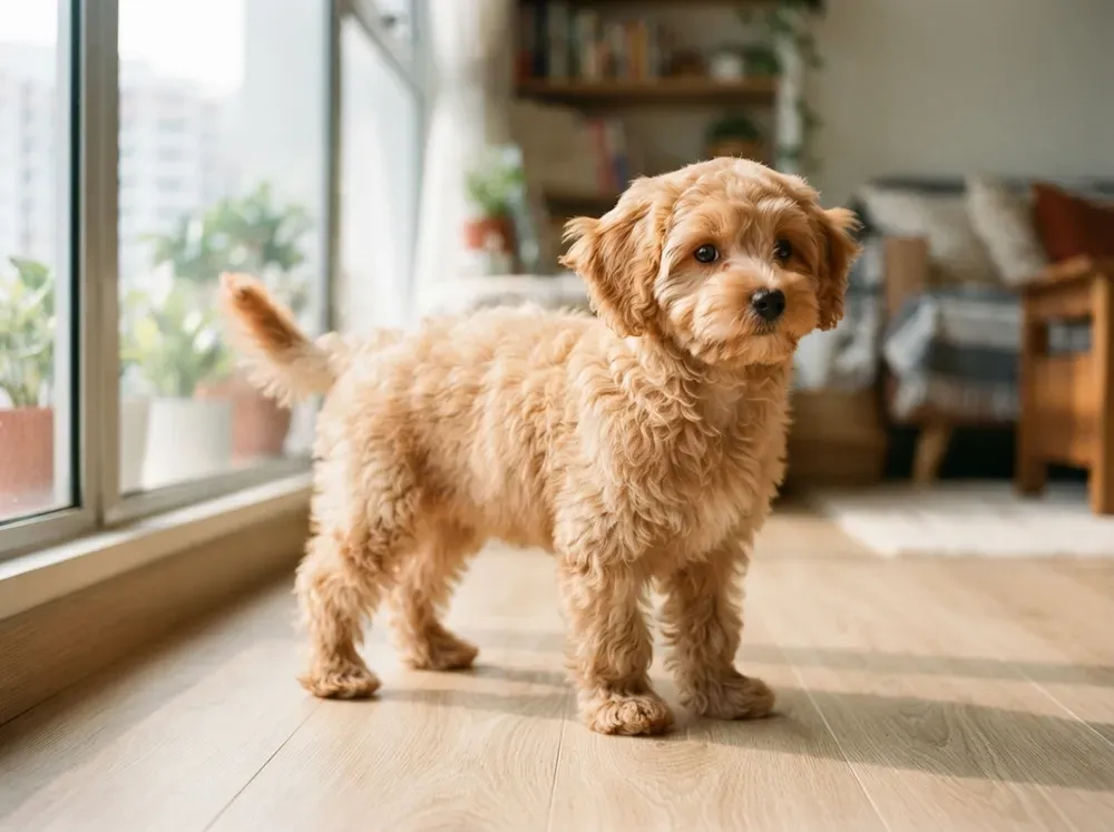 Cavapoochon puppy with a soft teddy-bear coat