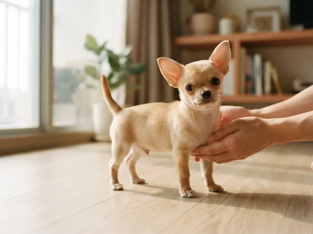 Chihuahua puppy with upright ears and a fawn coat