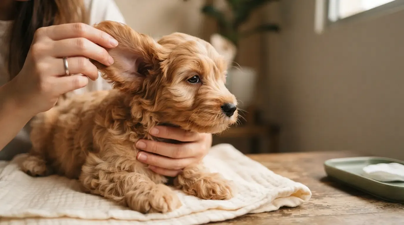 Cockapoo ear care: gently lifting a long spaniel ear for the weekly check at home