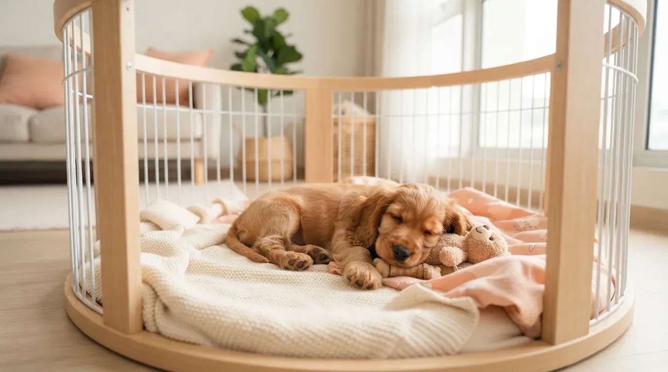 Cocker Spaniel puppy settling into a set-up playpen during its first week home