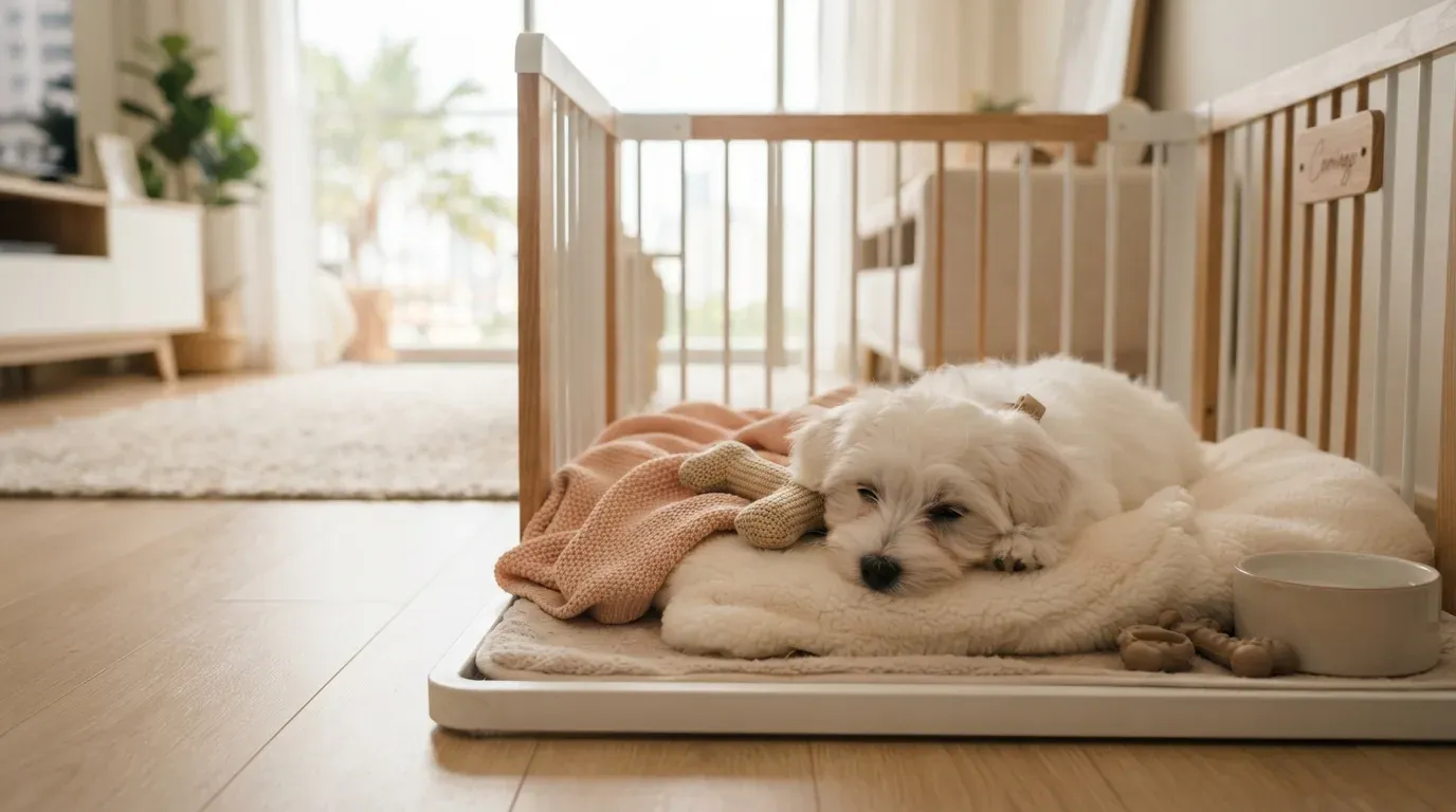 Coton de Tulear puppy settling into a set-up playpen during its first week home