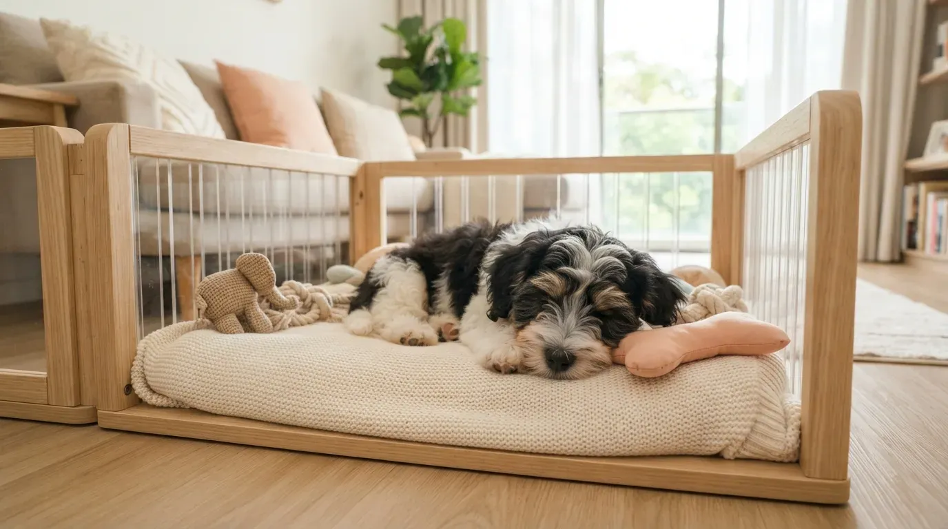 Havanese puppy settling into a set-up playpen during its first week home
