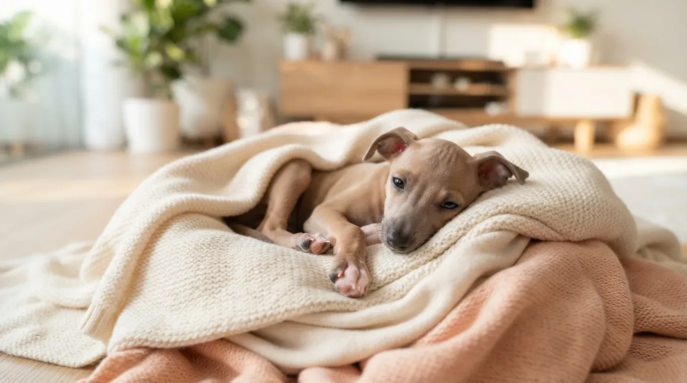 Italian Greyhound puppy settling into a blanket nest during its first week home