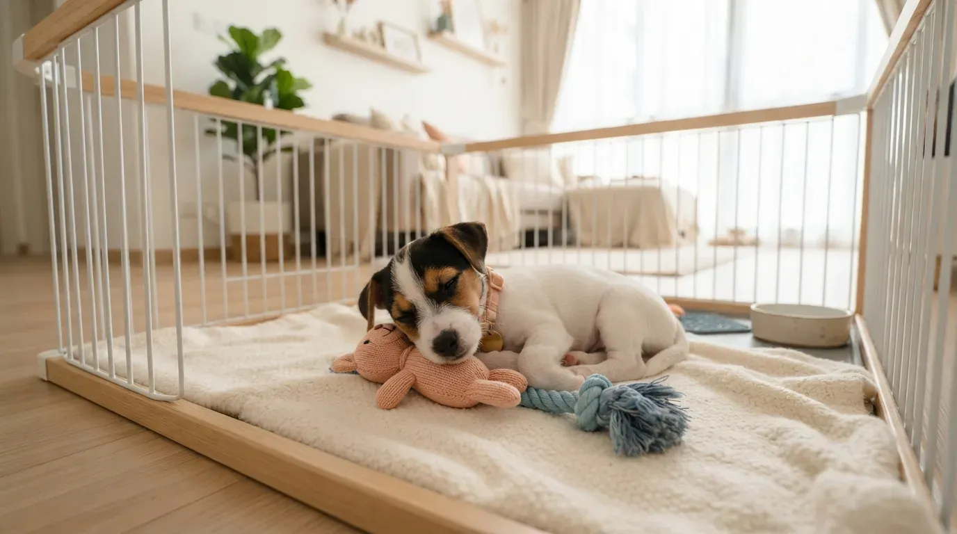 Jack Russell puppy settling into a set-up playpen during its first week home