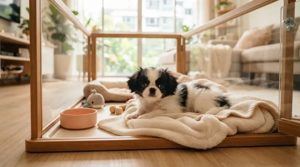 Japanese Chin puppy settling into a set-up playpen during its first week home
