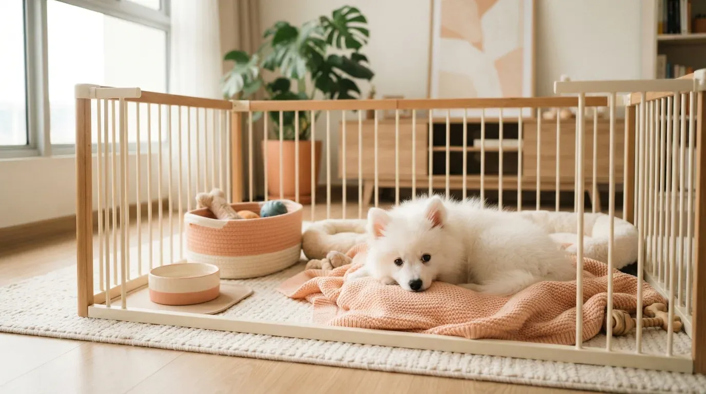 Japanese Spitz puppy settling into a set-up playpen during its first week home