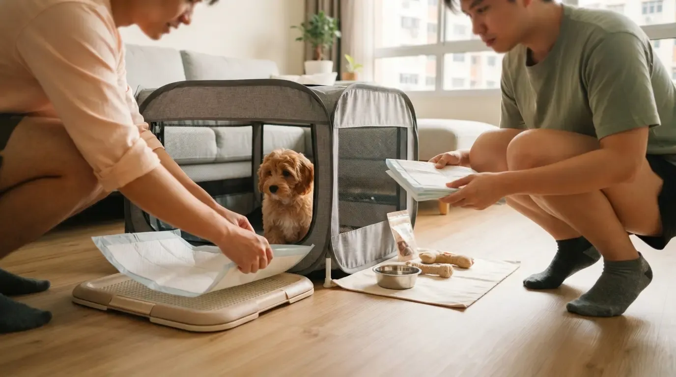 Starter kit walkthrough at home: staff hands demonstrating a kit item to a new owner beside the set-up playpen