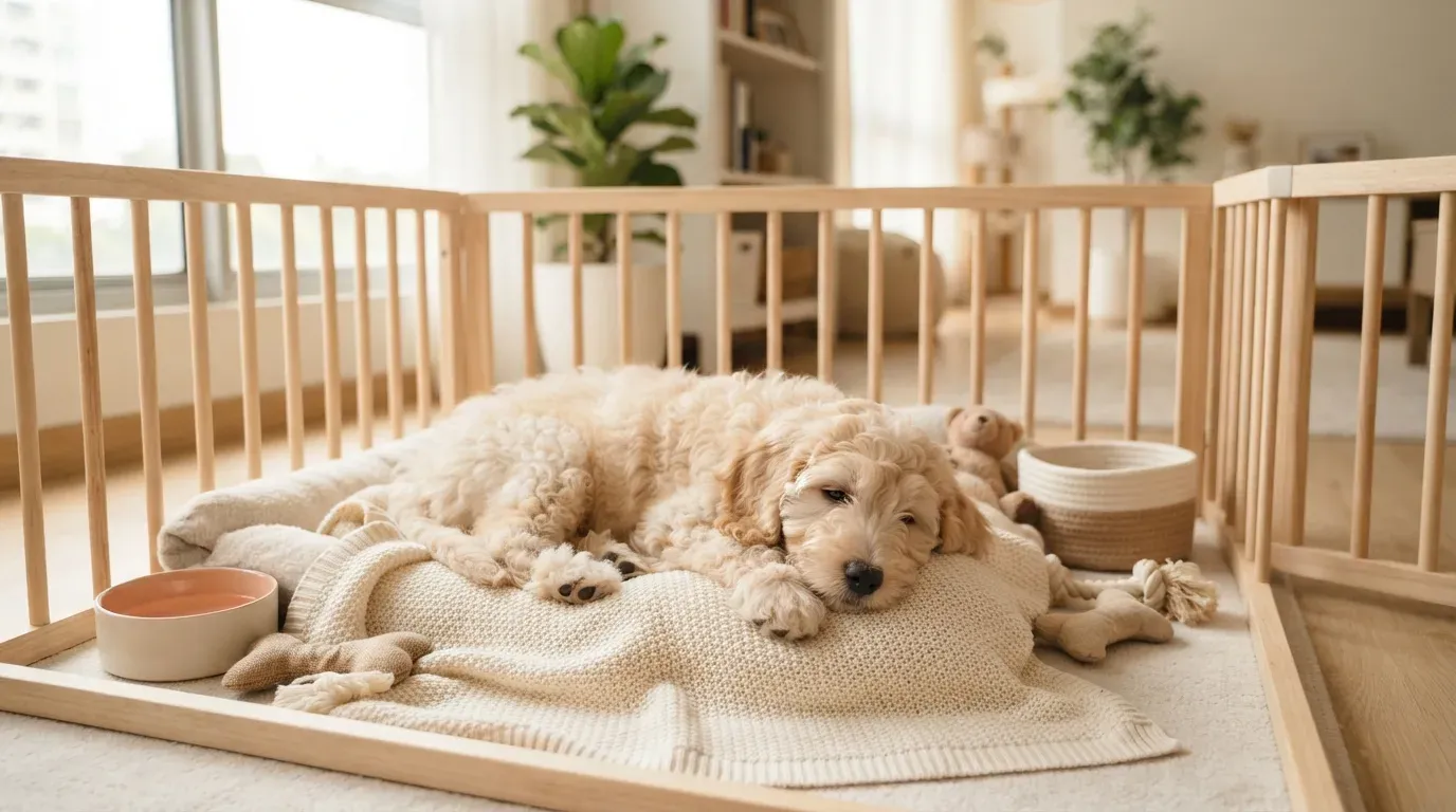 Labradoodle puppy settling into a set-up playpen during its first week home