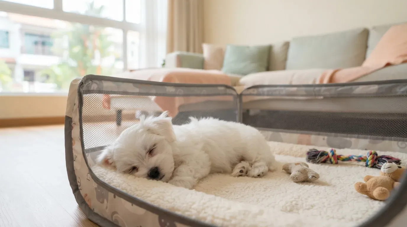 Maltese puppy settling into a set-up playpen during its first week home