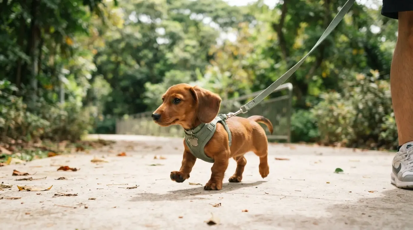 Mini Dachshund puppy in a small harness on a shaded Singapore park connector walk