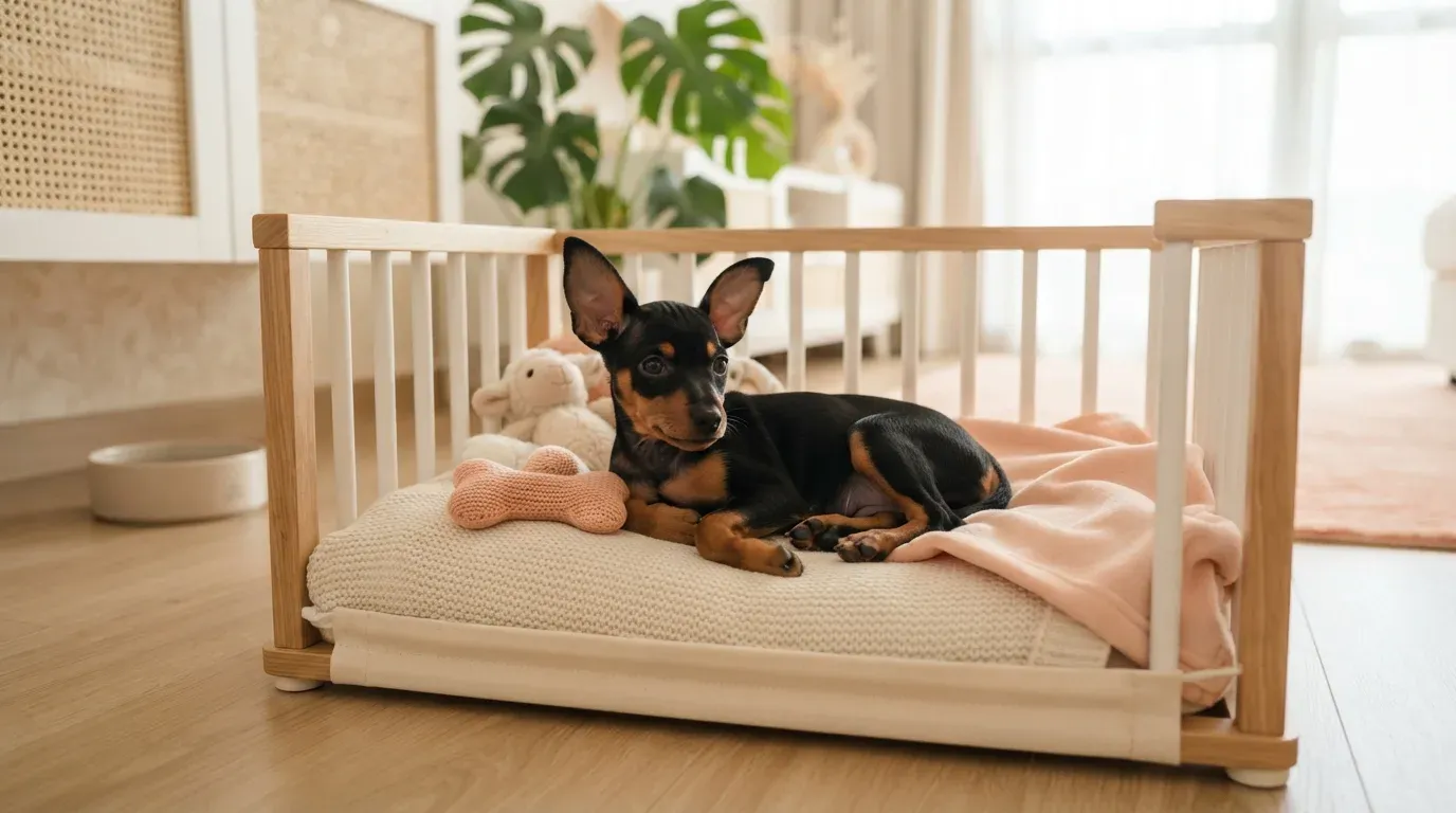 Miniature Pinscher puppy settling into a set-up playpen during its first week home