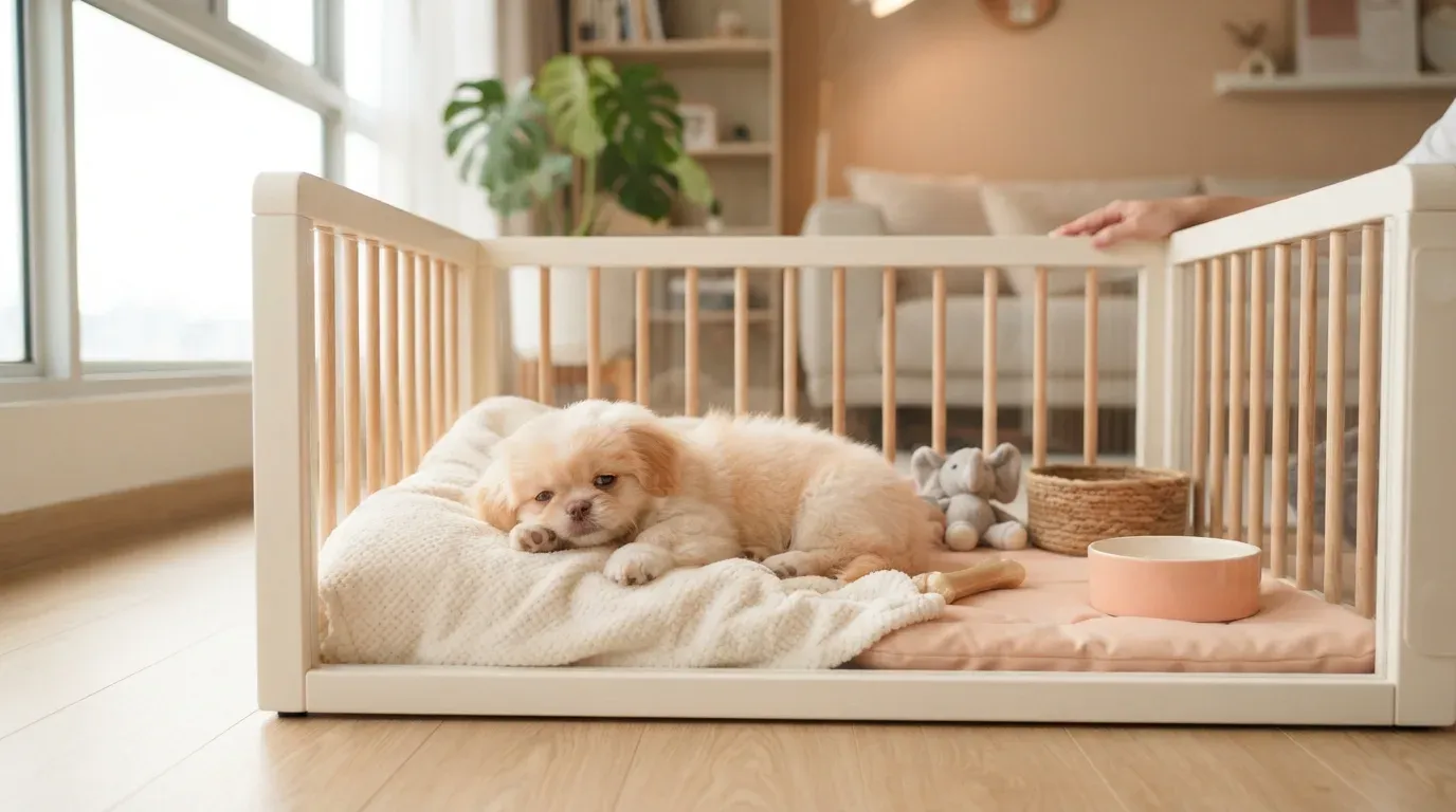 Pekingese puppy settling into a set-up playpen during its first week home