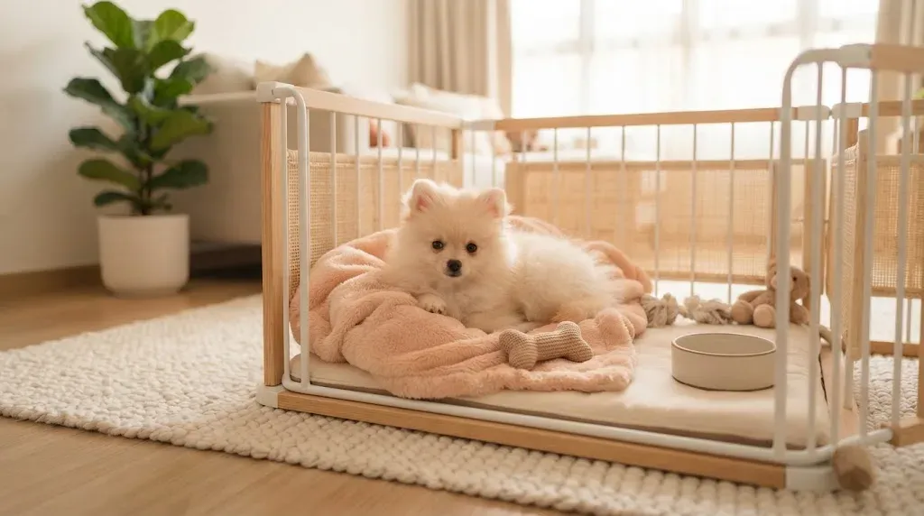 Pomeranian puppy settling into a set-up playpen during its first week home