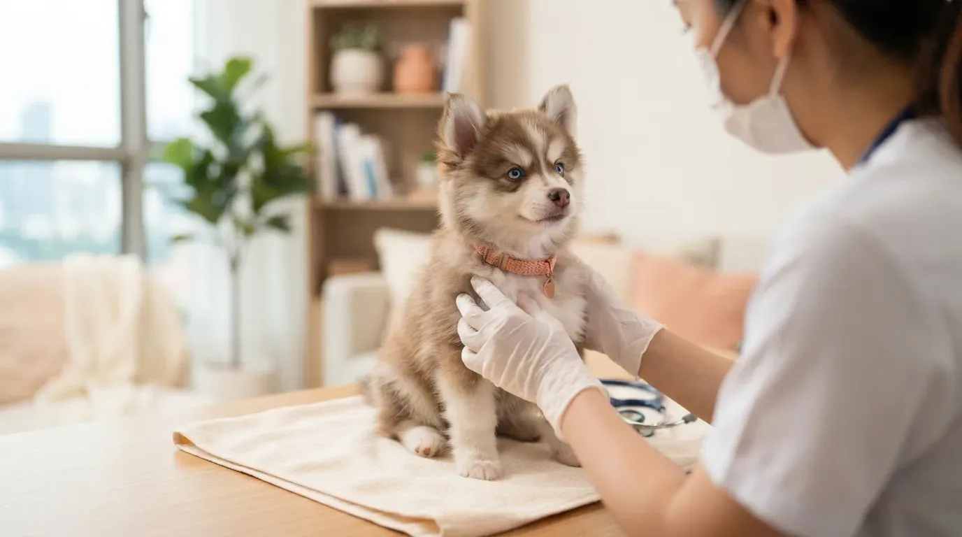 Pomsky puppy at a veterinary health check before going home