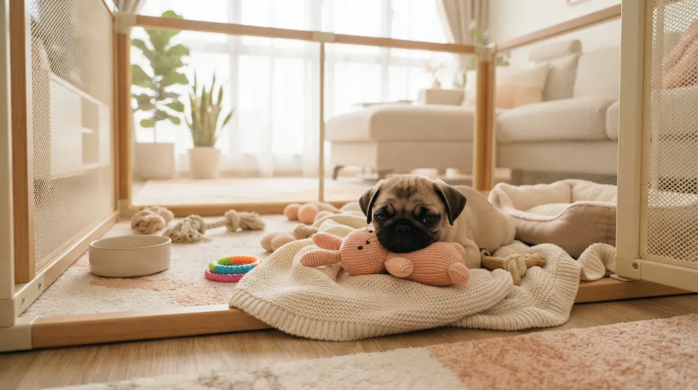 Pug puppy settling into a set-up playpen during its first week home