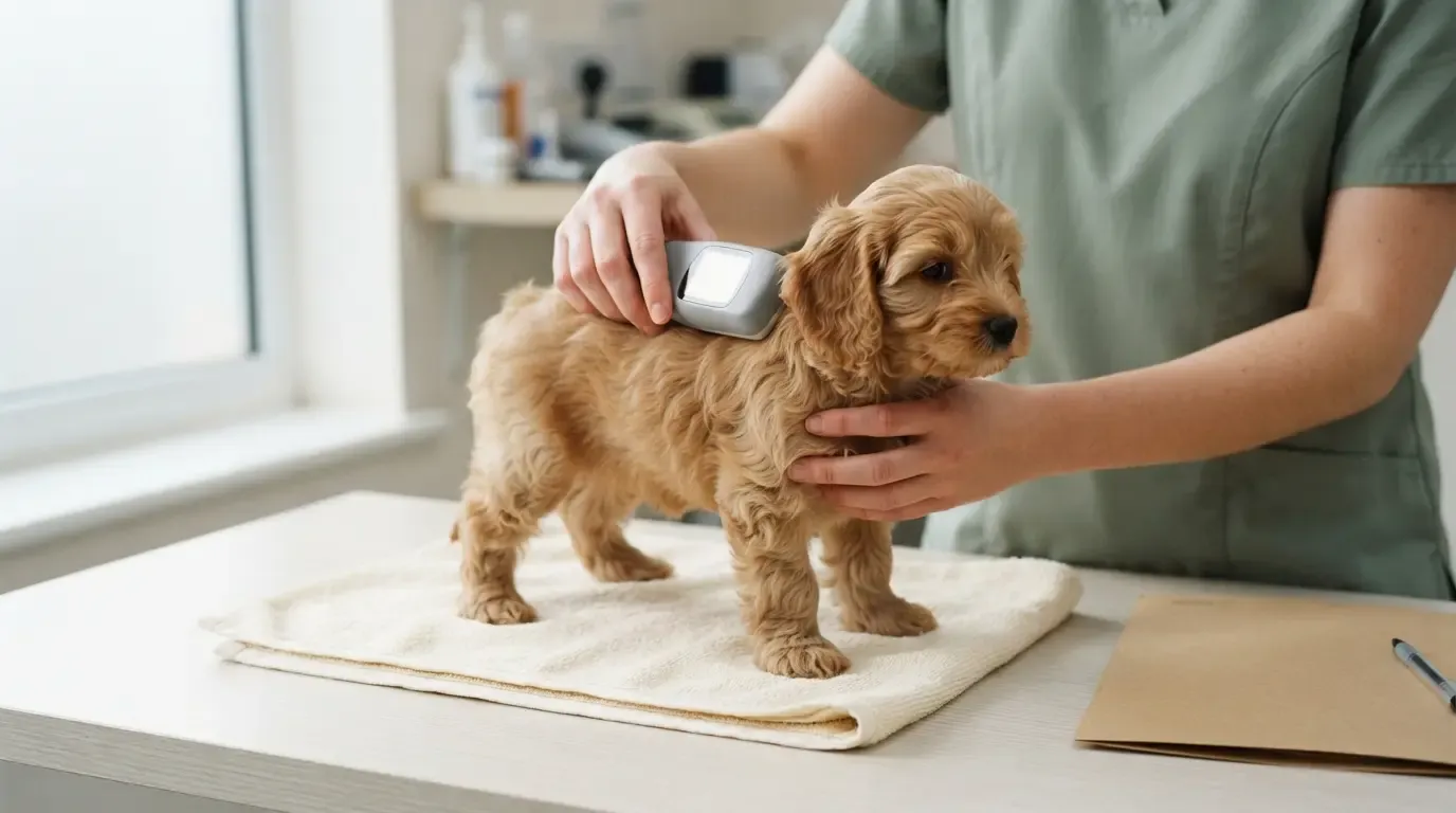 Puppy health checks Singapore: handheld scanner passed over a Cavapoo puppy's shoulder to confirm its microchip