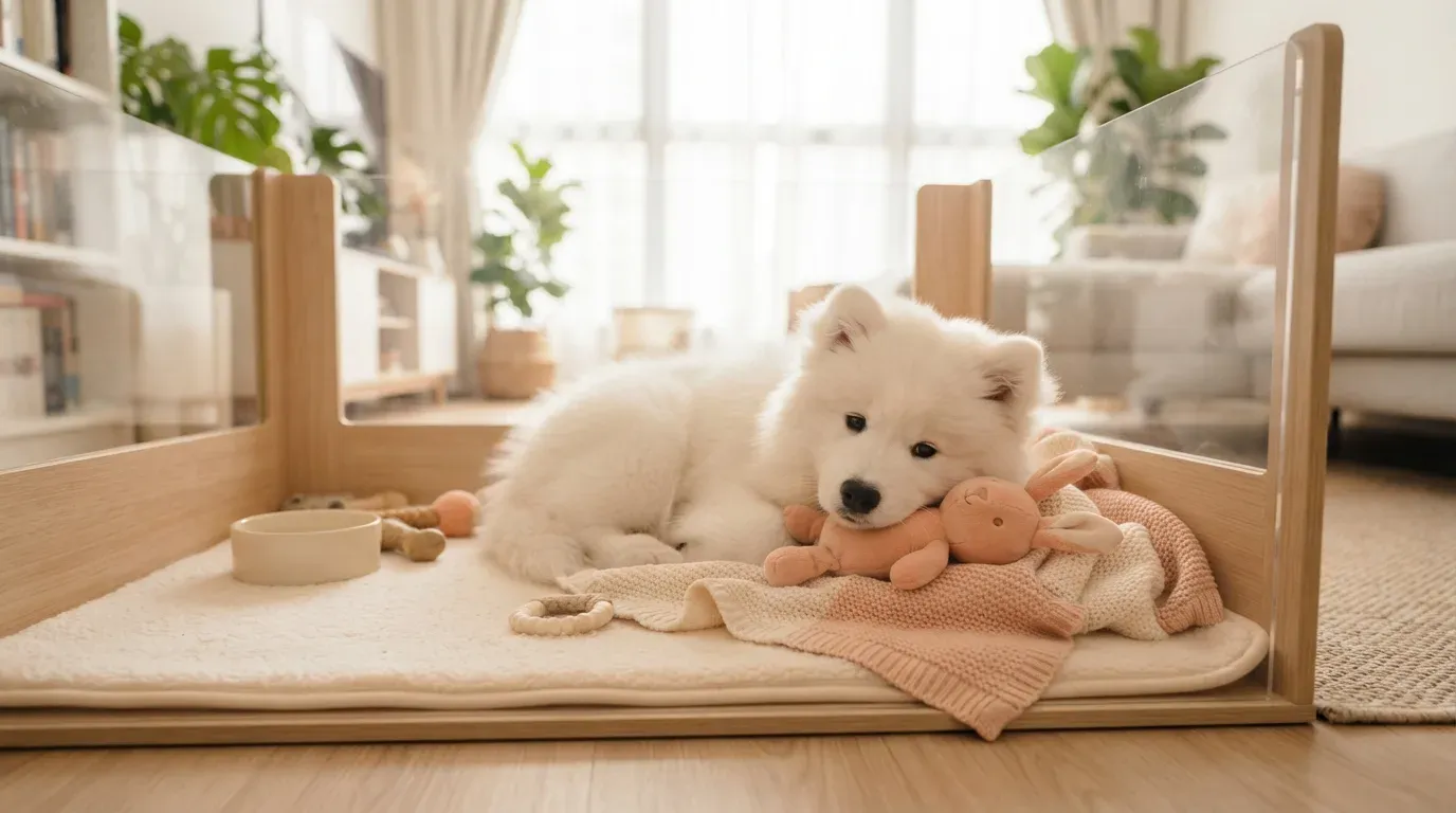Samoyed puppy settling into a set-up playpen during its first week home