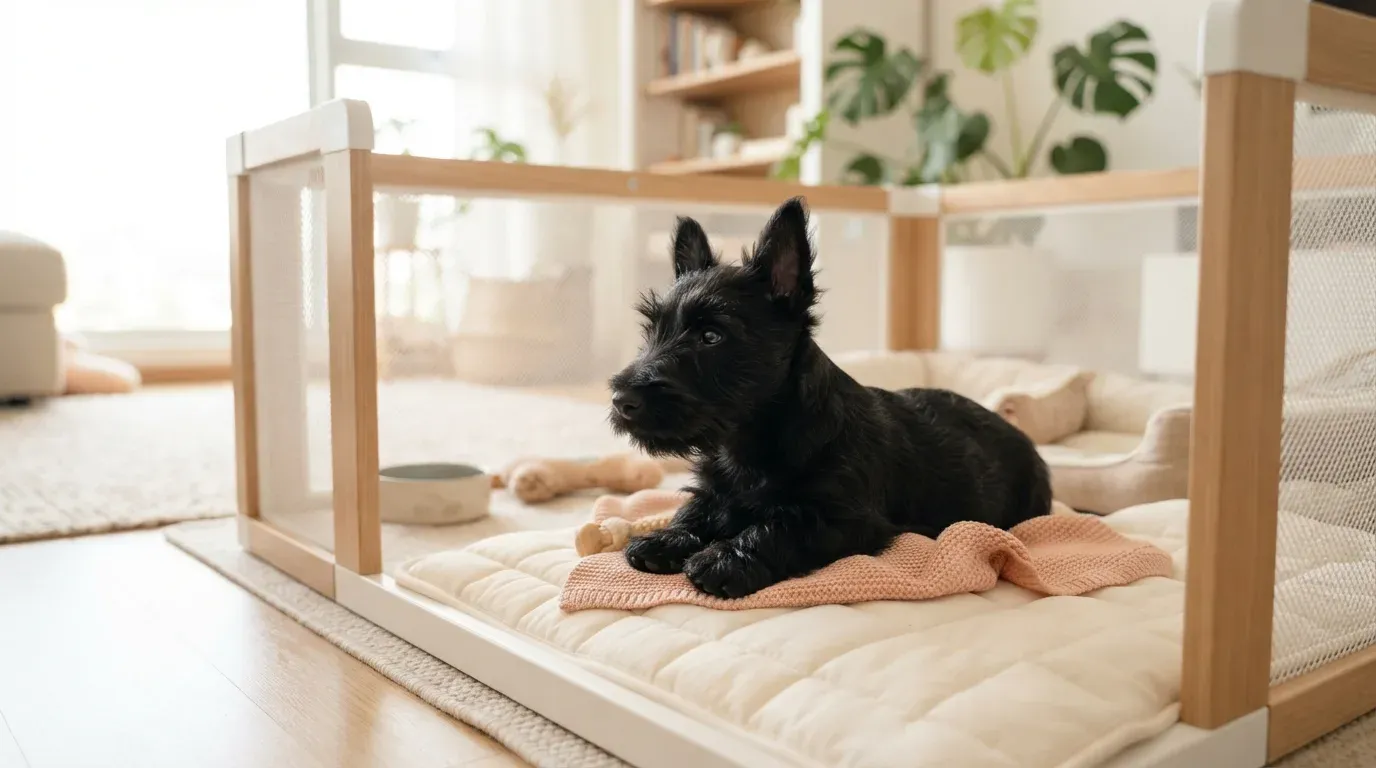 Scottish Terrier puppy settling into a set-up playpen during its first week home