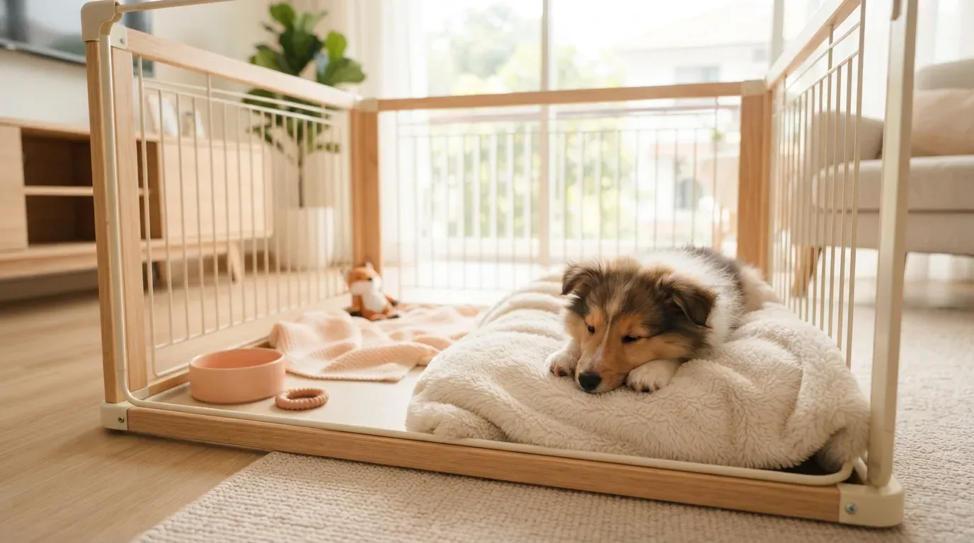 Sheltie puppy settling into a set-up playpen during its first week home