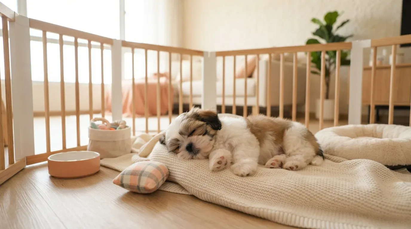 Shih Tzu puppy settling into a set-up playpen during its first week home