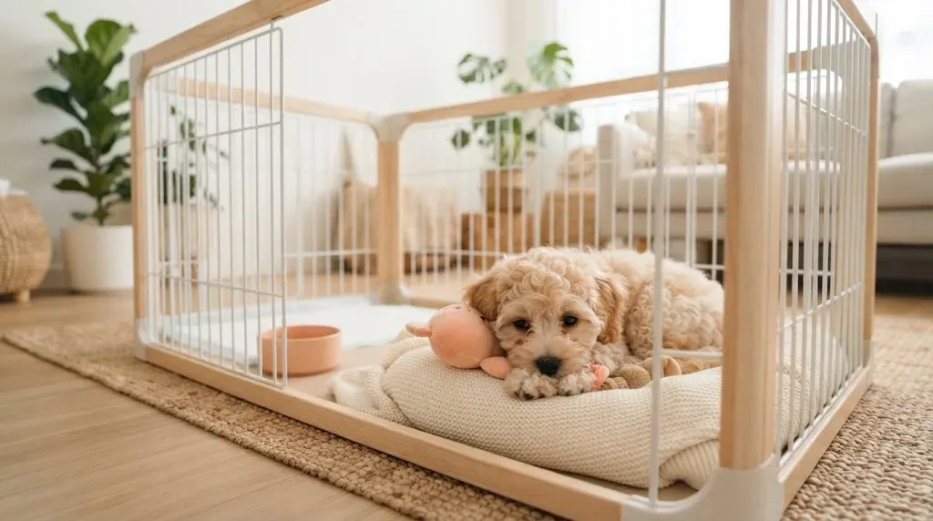 Shihpoo puppy settling into a set-up playpen during its first week home