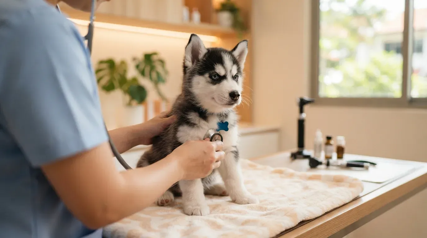 Siberian Husky puppy at a veterinary health check before going home