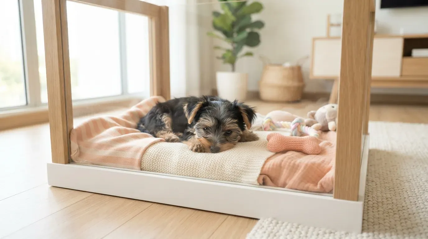 Silky Terrier puppy settling into a set-up playpen during its first week home